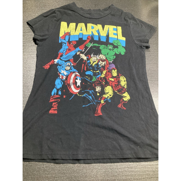marvel Tshirt Girls Youth Medium Black Spiderman Hulk Captain America - Picture 1 of 7